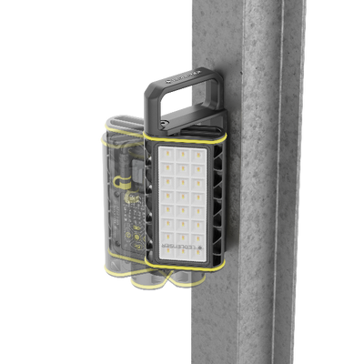 AF4R Work Floodlight mounted on a metal I‑beam showing yellow trim rugged handle and multi‑LED panel