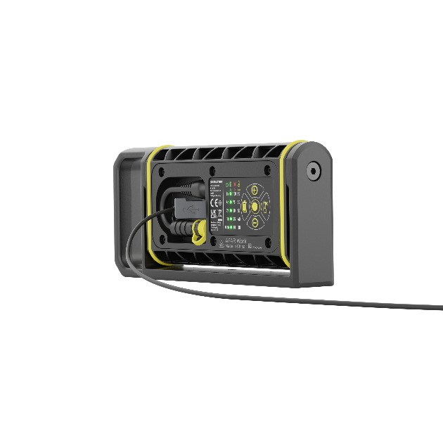 Ledlenser AF4R Work Floodlight front view featuring black and yellow rugged housing control panel and attached power cable