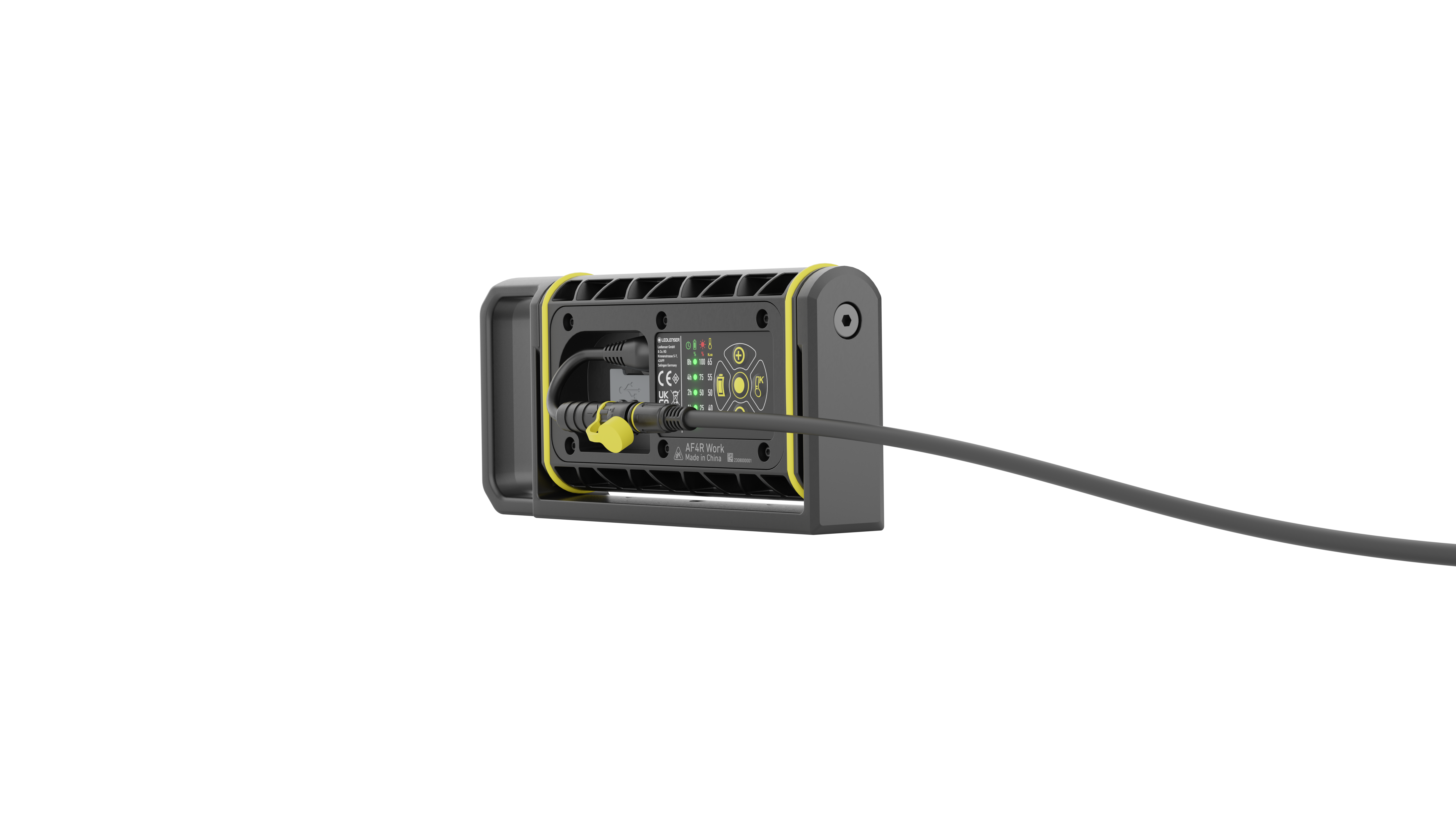 Ledlenser AF4R Work Floodlight side view showing grey housing with yellow accents connected to a power cable