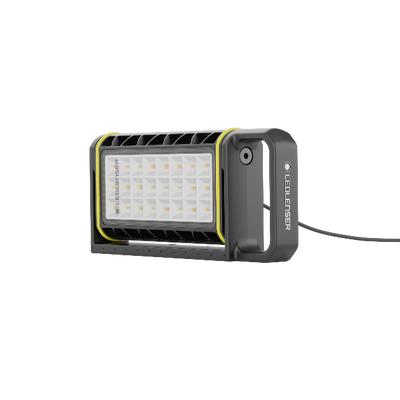 AF4R Work Floodlight by Ledlenser showing a rectangular LED panel in a grey body with yellow trim and a visible power cable
