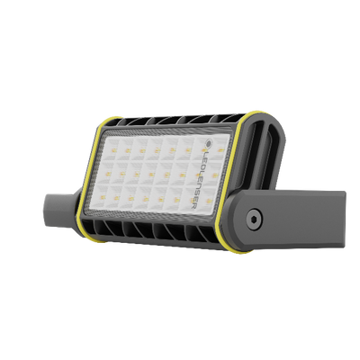 AF4R Work Floodlight shown in side view with grey body and yellow trim rectangular LED panel mounted on a bracket