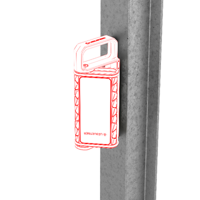 Ledlenser AF4R Work Floodlight silhouette mounted upright to a grey metal pillar with the handle at the top