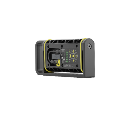 Ledlenser AF4R Work Floodlight side view showing rear control panel with yellow accents on a dark grey housing