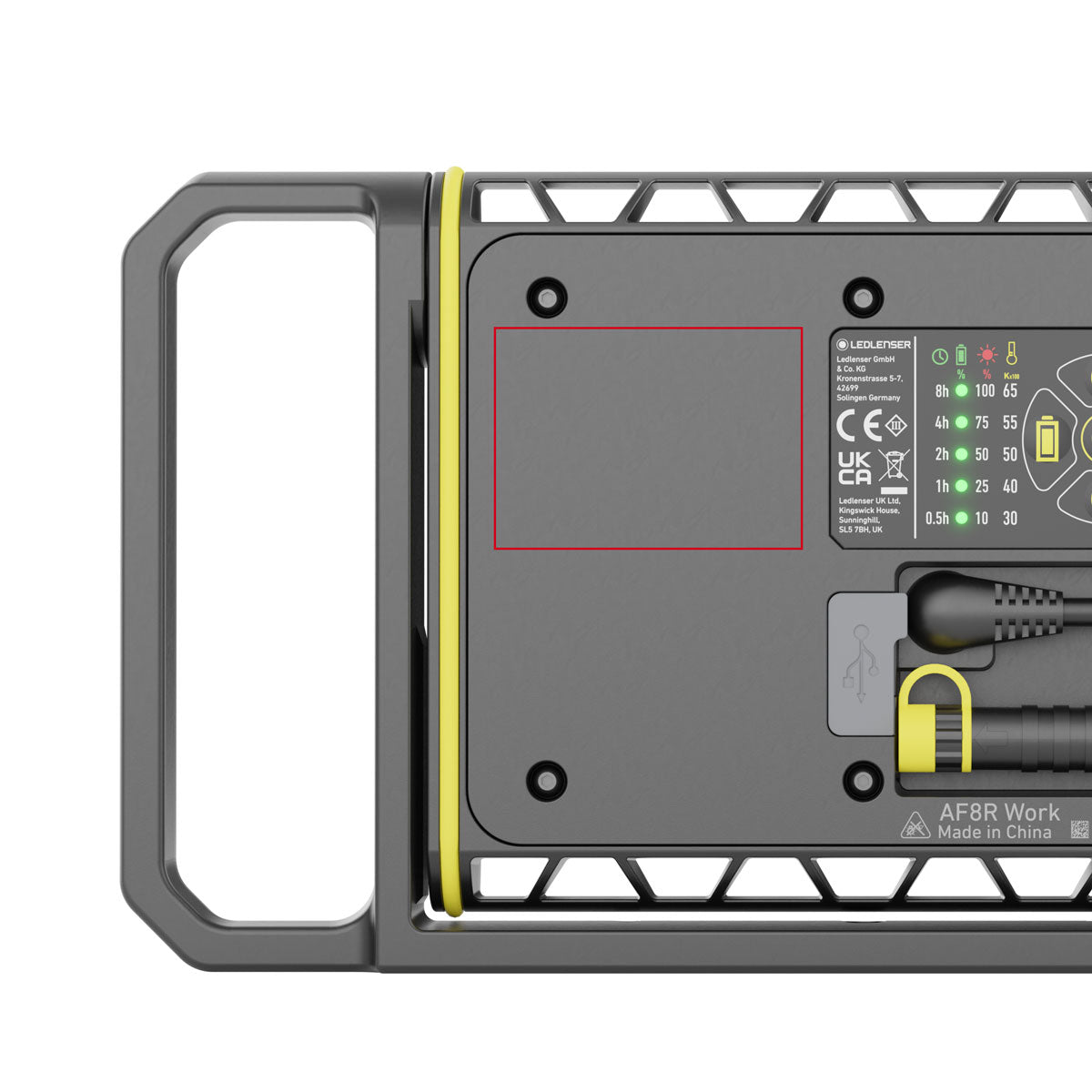 AF8R Work Floodlight back view with grey housing yellow latch handle and label panel on the back showing ports and controls