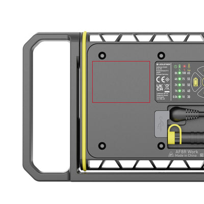 AF8R Work Floodlight back view with grey housing yellow latch handle and label panel on the back showing ports and controls