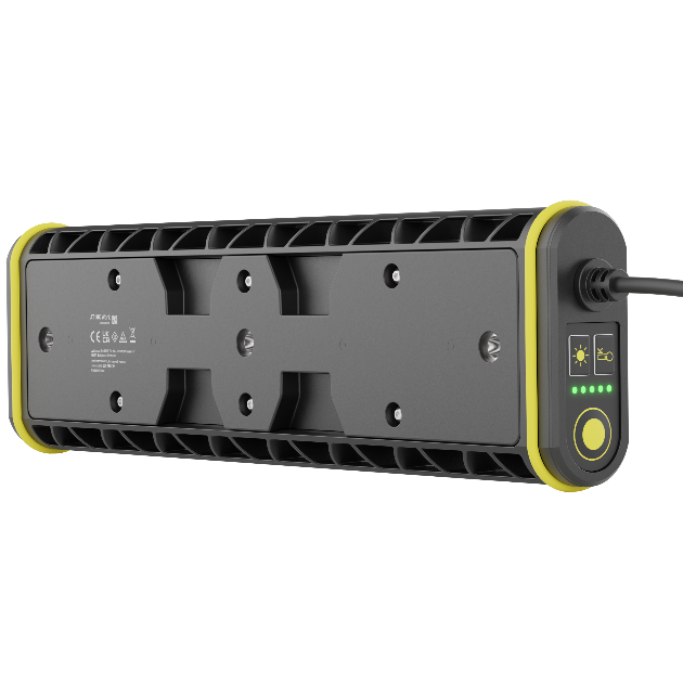 Ledlenser AT10C Work Task Light mains powered industrial task light with yellow accents and mounted control panel with green LEDs