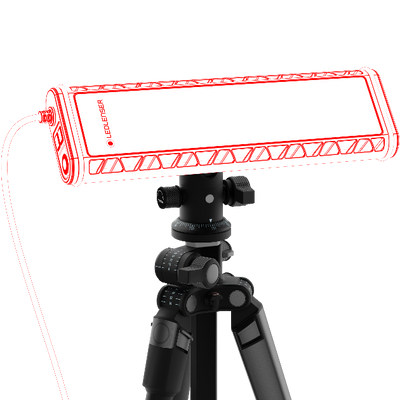 AT10C Work Task Light mounted on adjustable tripod with a rectangular LED bar and red outline overlay Ledlenser branding