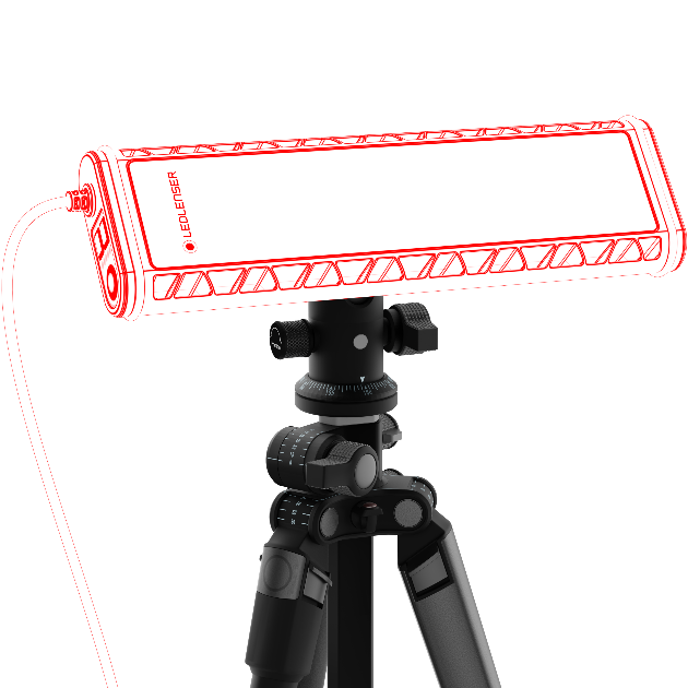 AT10C Work Task Light mounted on adjustable tripod with a rectangular LED bar and red outline overlay Ledlenser branding