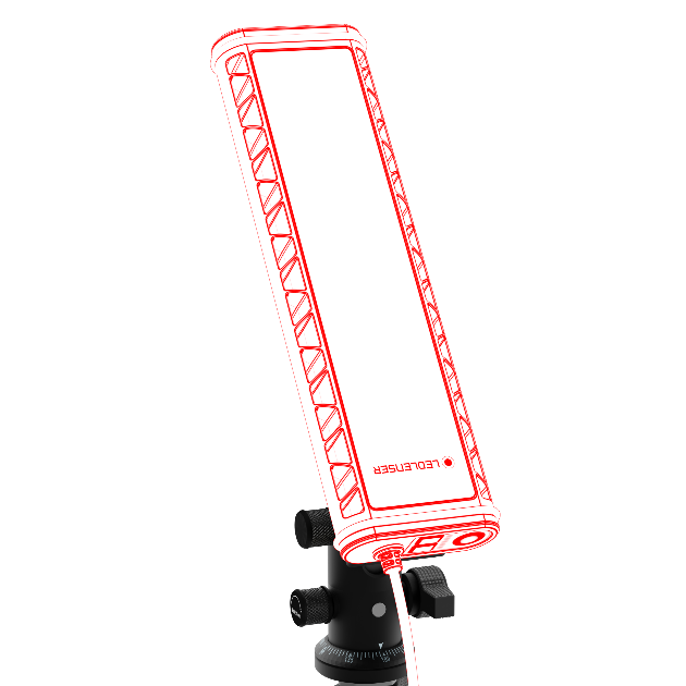 Ledlenser AT10C Work Task Light mounted on a stand with base and adjustable yoke white panel with red branding