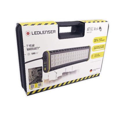 Ledlenser AT10C Work Task Light packaging featuring a rectangular mains operated LED work light with 5000 lm and a carrying handle