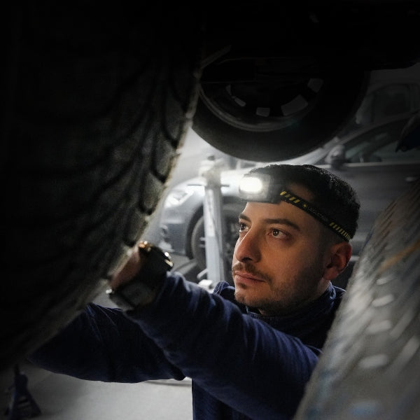 HF4R Work Headlamp worn by a mechanic inspecting under a car with a bright headlamp and yellow strap