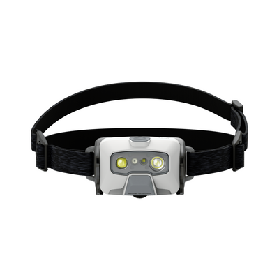 Ledlenser HF6R Core Headlamp with black adjustable headband white gray body and dual LEDs facing forward
