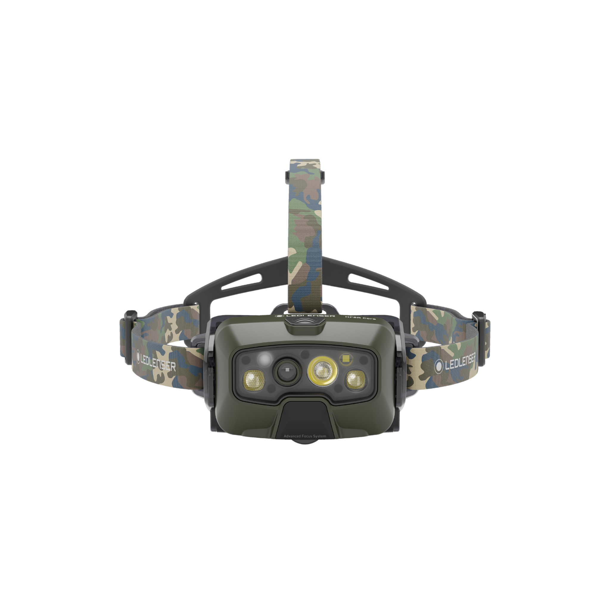 Ledlenser HF8R Core RGB Camo headlamp with green camouflage strap and three LED array in front adjustable headband
