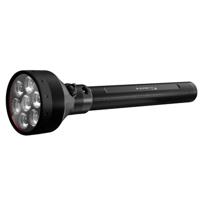 Ledlenser P21R Torch showing a black cylindrical handle and a multi LED head at an angled side view