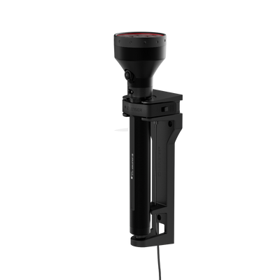 Ledlenser P21R Torch mounted on a vertical wall bracket; black finish with red lens cap visible