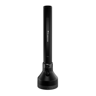 Ledlenser P21R Torch on charging stand upright black flashlight with base dock and mounting dock visible