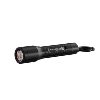 Ledlenser P3R Torch in black compact rechargeable flashlight with textured body and wrist lanyard shown at an oblique angle