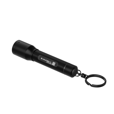 Ledlenser P3 Torch compact handheld flashlight with textured grip and keyring shown diagonally against a black background