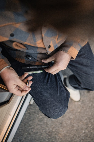 P4R Torch compact rechargeable flashlight held in a person’s lap with batteries and accessories on denim jeans