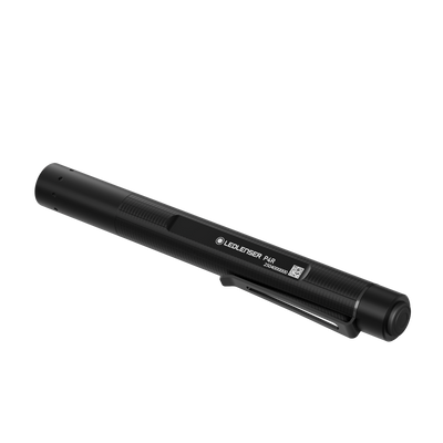 P4R Torch by Ledlenser in black diagonal side view with pocket clip and textured grip