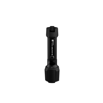 Ledlenser P5R Pro Torch upright with textured black grip compact head and visible branding on a black background