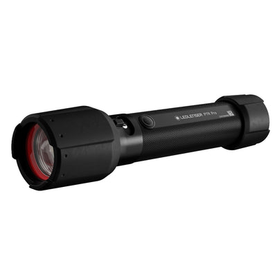 Ledlenser P7R Pro Torch in black with textured grip horizontal view showing front head with red ring lens on left and tail end on right