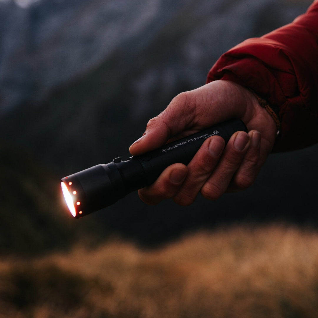 Ledlenser P7R Signature Torch held in a hand outdoors at dusk with the front light on