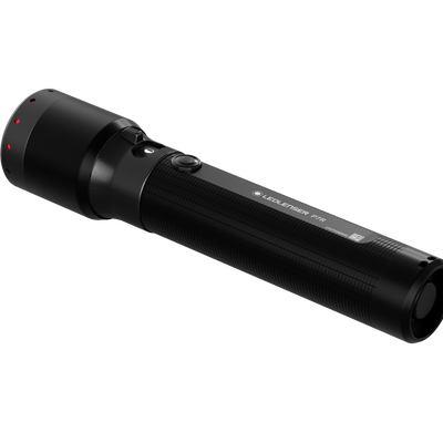 Ledlenser P7R Pro Torch black cylindrical rechargeable flashlight with knurled grip and button shown at a diagonal angle