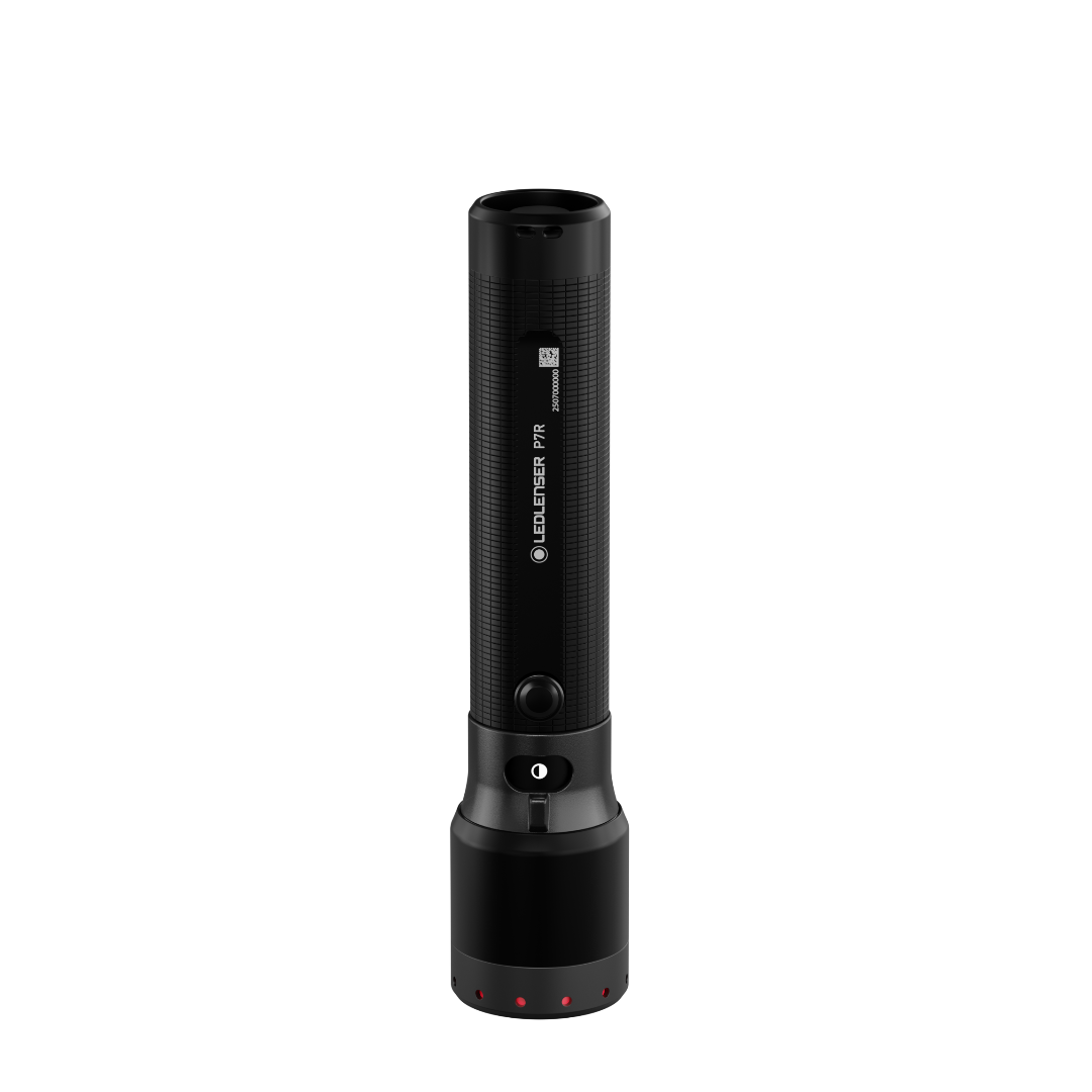P7R Pro Torch by Ledlenser upright black handheld torch with textured grip and visible red indicators at base