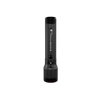 Ledlenser P7R Signature Torch in black vertical handheld flashlight with textured body and magnetic charging base visible