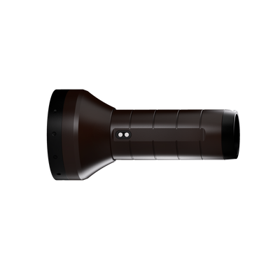 Ledlenser P18R Signature Torch shown in side profile with dark brown finish textured grip and integrated control switch
