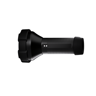 P18R Work Torch viewed from side black cylindrical handheld flashlight with textured grip and rear end cap