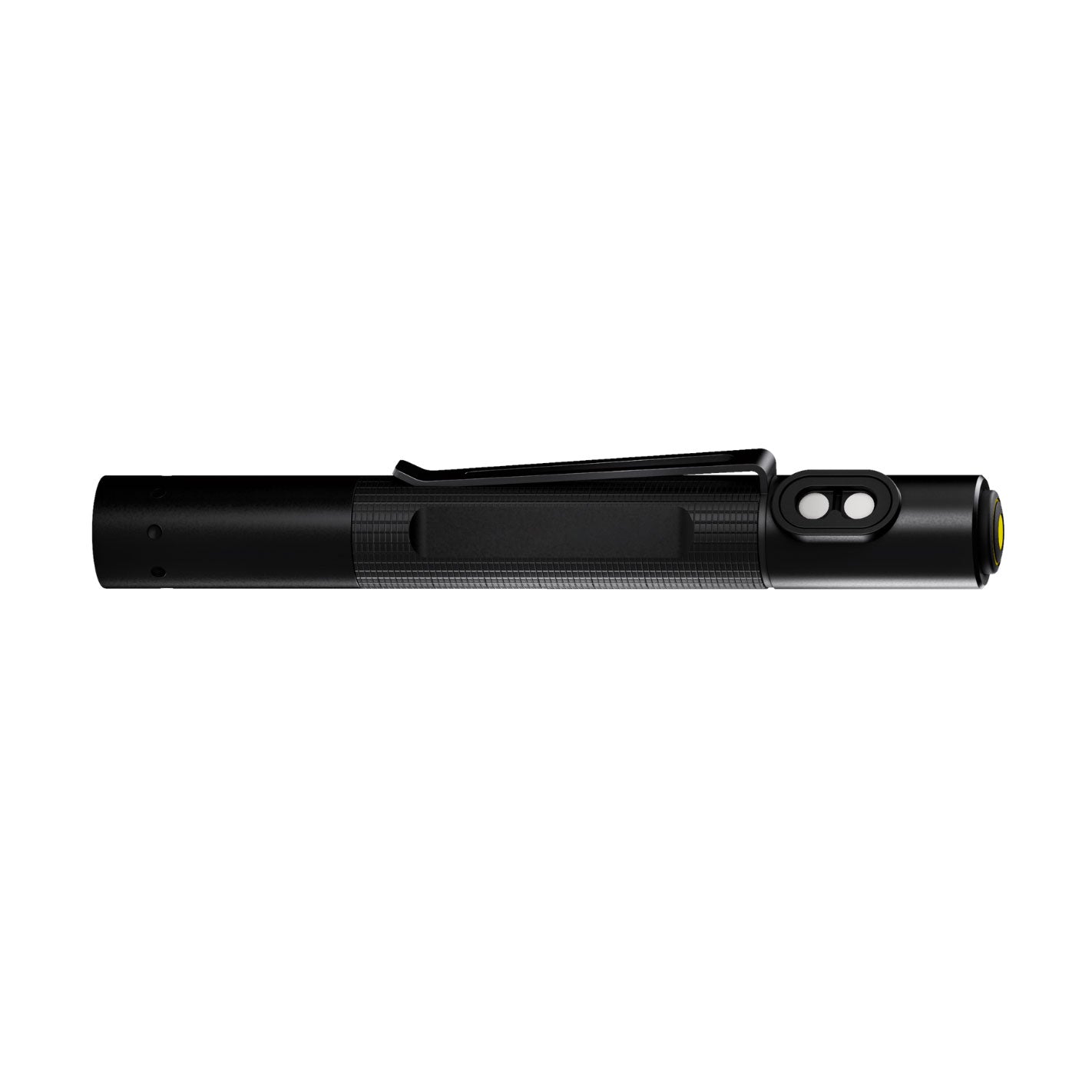 Ledlenser P2R Work Torch side profile view in black with a metal clip along the body and yellow accent at the head