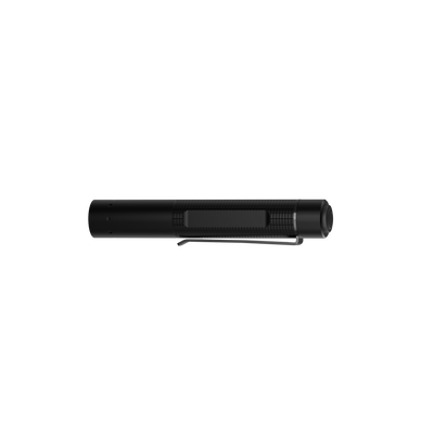 Ledlenser P2R Torch black cylindrical rechargeable torch shown horizontally with side switch and clip