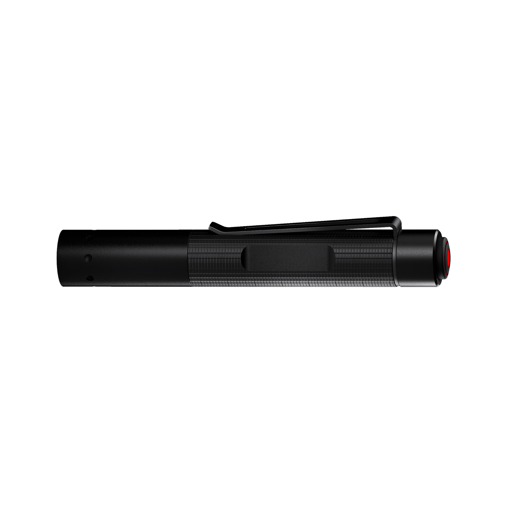 Ledlenser P2R Core torch shown in side view black cylindrical flashlight with textured grip metal pocket clip and red tail cap ring
