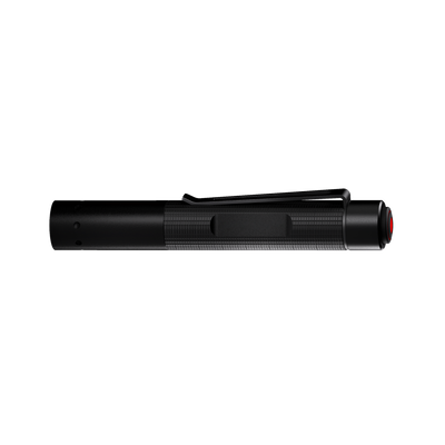 Ledlenser P2R Core torch shown in side view black cylindrical flashlight with textured grip metal pocket clip and red tail cap ring
