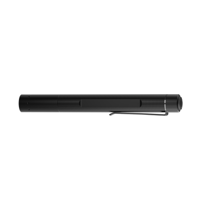 P4R Torch shown in side profile with a black aluminium body and integrated pocket clip