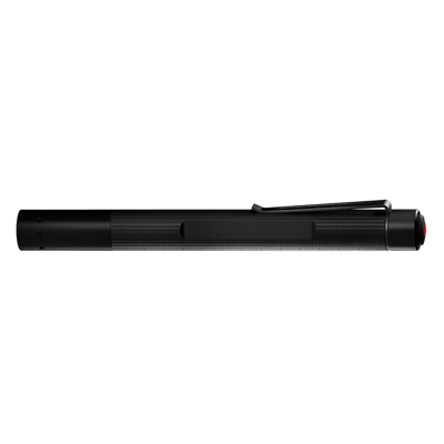Ledlenser P4R Core Torch shown in profile with black matte finish and side clip rechargeable handheld flashlight