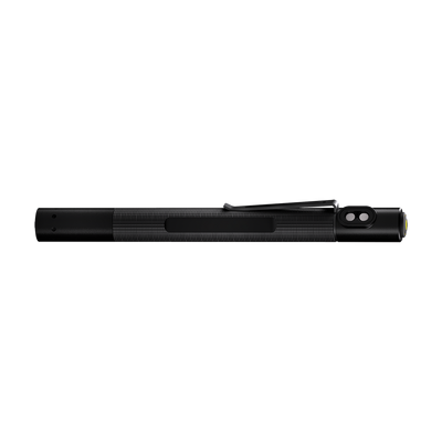 Ledlenser P4R Work Torch shown horizontally with textured black body metal clip and yellow bezel on a black background
