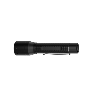 Ledlenser P5 Torch in black side profile view showing textured grip end cap and metal pocket clip visible