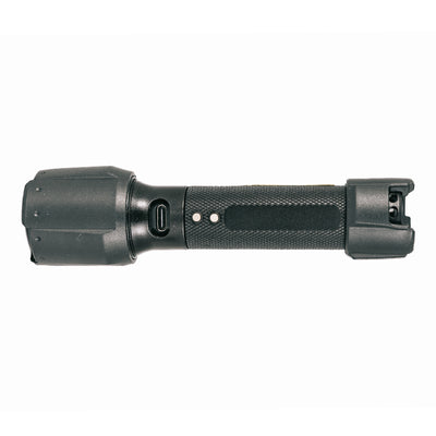 Ledlenser P5R Pro Torch compact black rechargeable flashlight with textured grip and USB C charging port (side view)