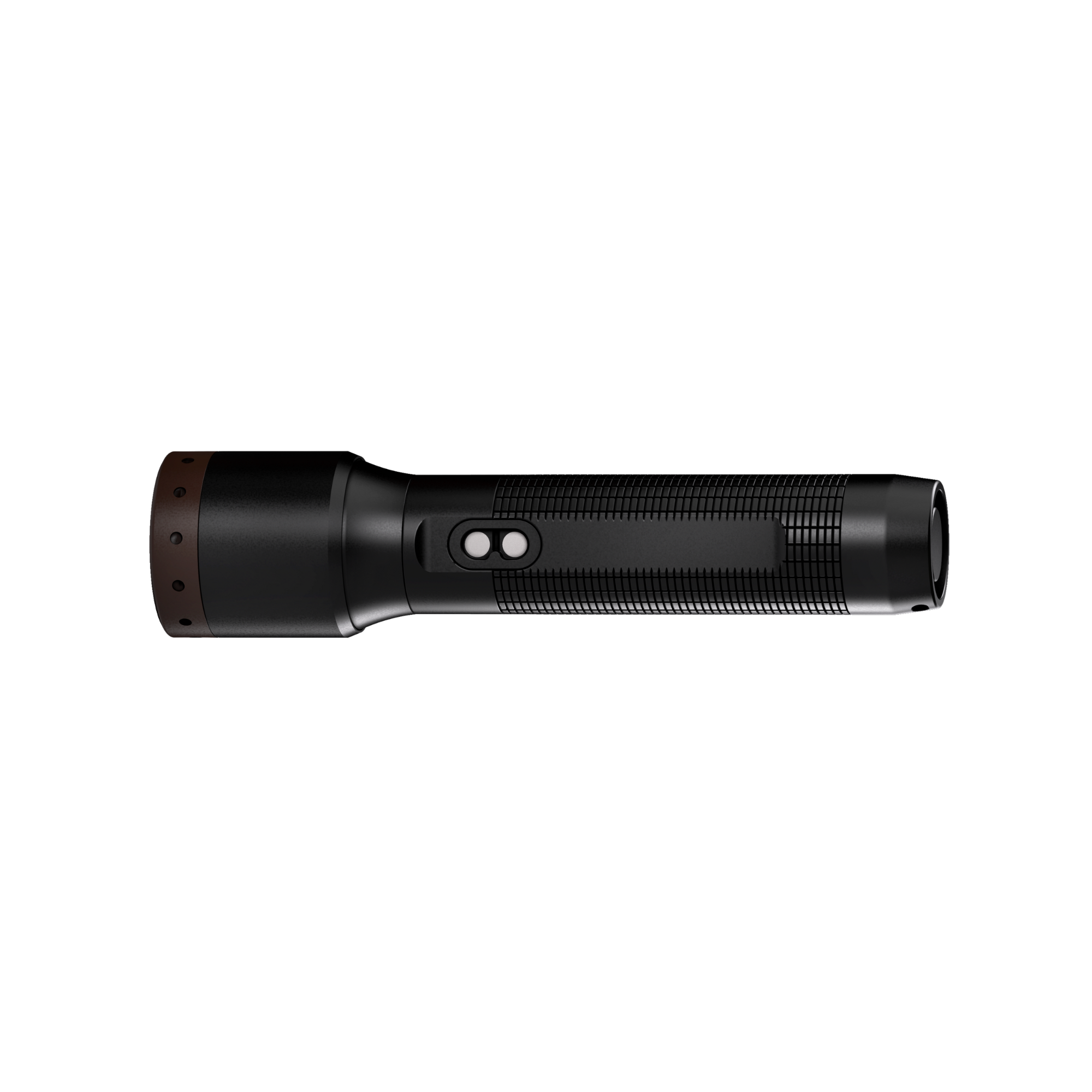 Ledlenser P5R Core Torch side profile of a black handheld flashlight with textured grip and brown end cap