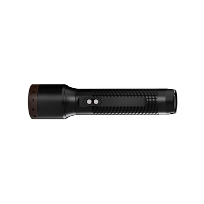 Ledlenser P5R Core Torch side profile of a black handheld flashlight with textured grip and brown end cap