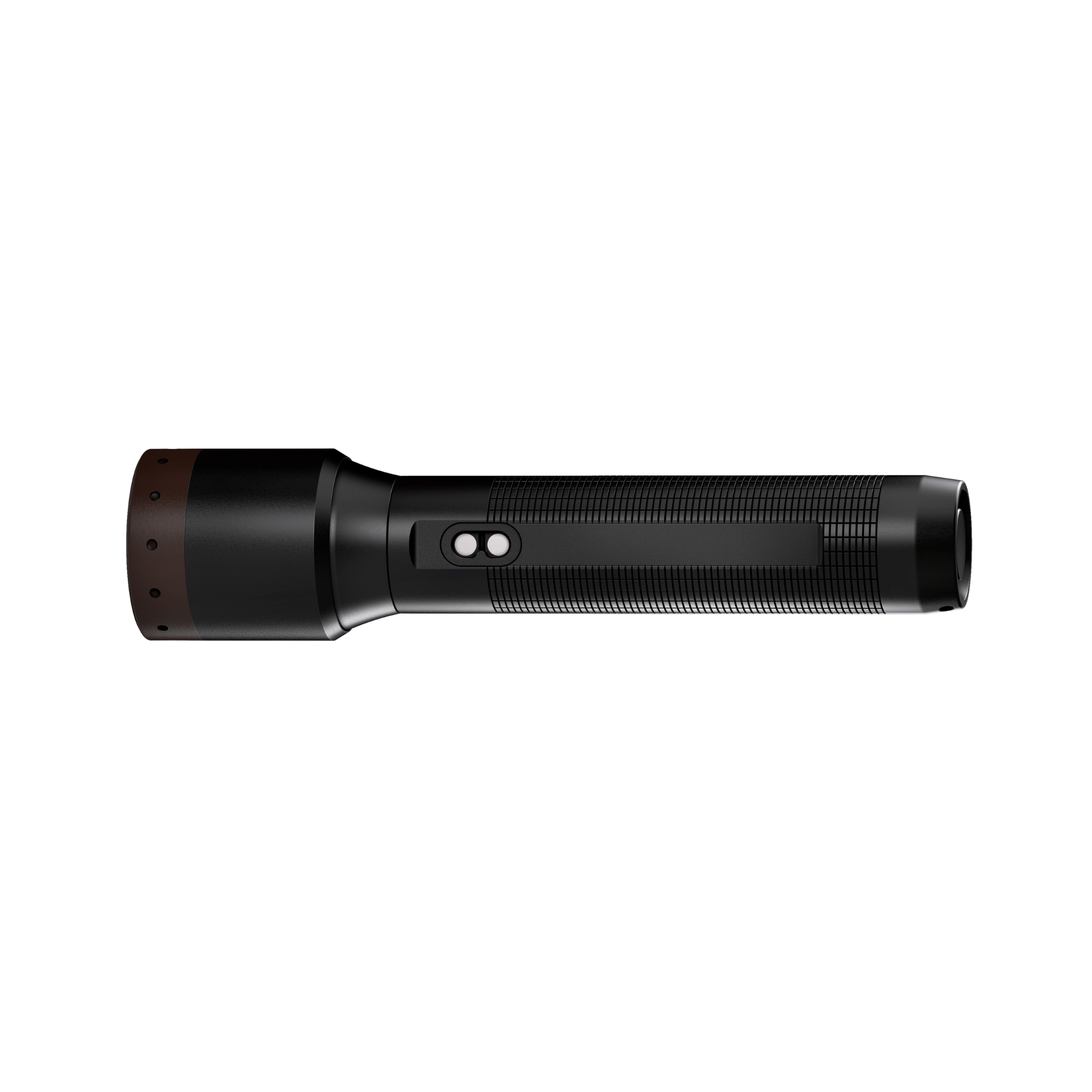 Ledlenser P6R Core Torch lying horizontally with black body textured grip and brown end cap rechargeable flashlight