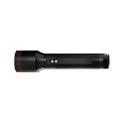 Ledlenser P6R Core Torch lying horizontally with black body textured grip and brown end cap rechargeable flashlight