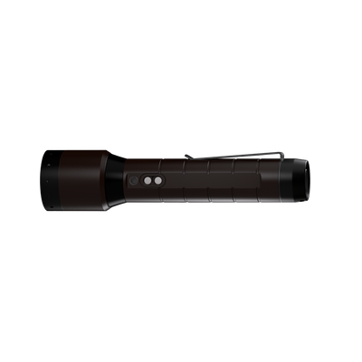 Ledlenser P6R Signature Torch lying horizontally with a dark brown finish side control button cluster and metal pocket clip visible