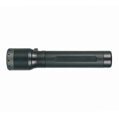 Ledlenser P7R Torch side view; black cylindrical rechargeable flashlight with textured grip and tail cap
