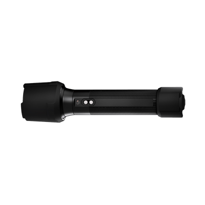 Ledlenser P7R Work Torch side view of a cylindrical rechargeable flashlight with textured grip and control switch