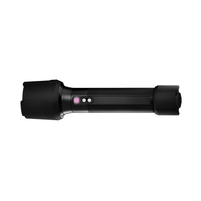 Ledlenser P7R Work UV rechargeable torch in side profile with textured grip and pink activation button