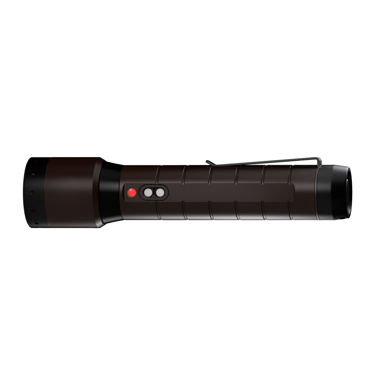 Ledlenser P7R Signature Torch lying horizontally with brown body side clip red power button and grey control button lens to the right